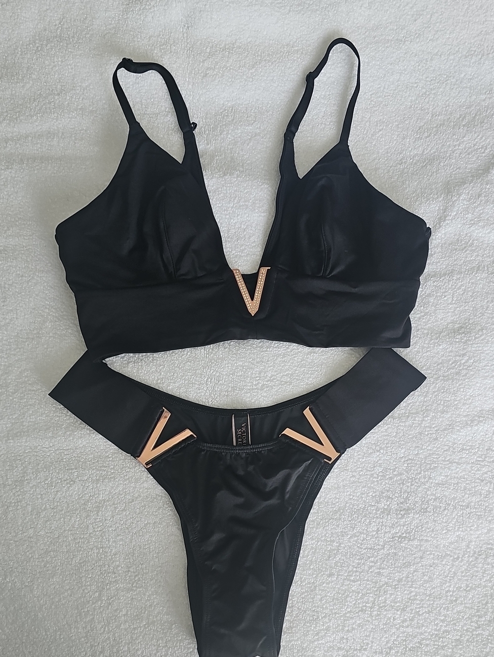 Victoria's Secret Black Bralette & High-Cut Bikini Set with Rose Gold V Accents